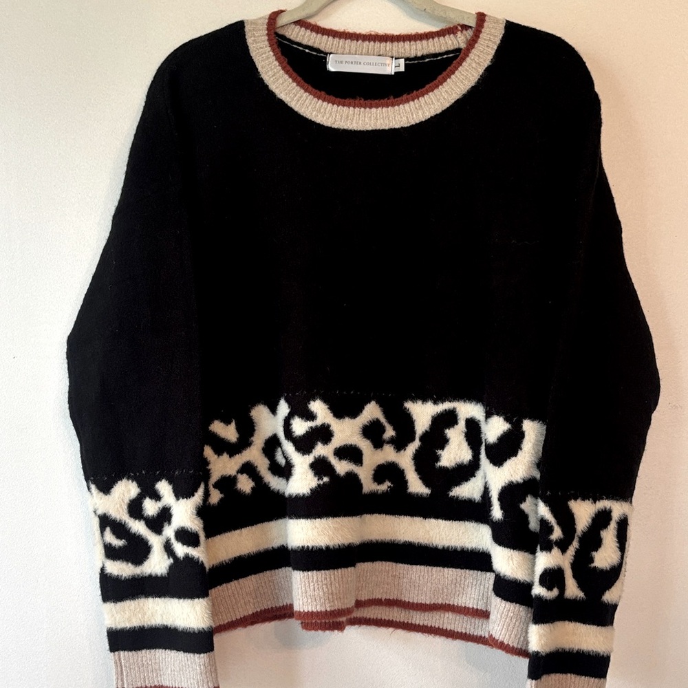 The Porter Collective Black Cream Rust Animal Print Crewneck EUC never worn Sz L